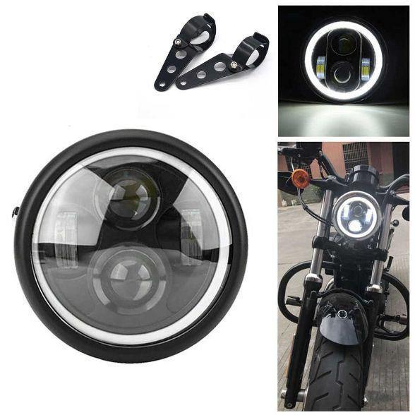 6.5" LED Motorcycle Projector Headlight Cafe Racer Style DRL Black - AutoZ.pk